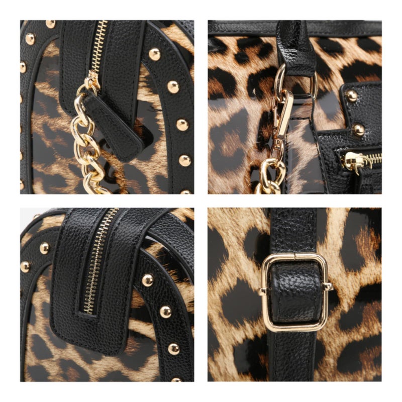 Dasein Women's Barrel Bag Shiny Patent Faux Leather Handbag with Rivet Decoration Top Handle Satchel Shoulder Purse (Large Leopard) - Image 5